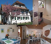 Die Bild-Collage zeigt die Ferienwohnung und das Ferienhaus Alte Schmiede von außen und innen. 